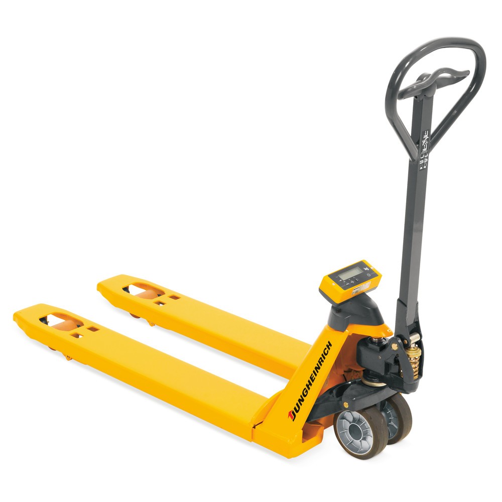Produktabbildung: Jungheinrich Hubwagen mit Waage AMW 22 mit Basisanzeige, Tragfähigkeit 2.200 kg, Vollgummi/Polyurethan, Tandemrollen